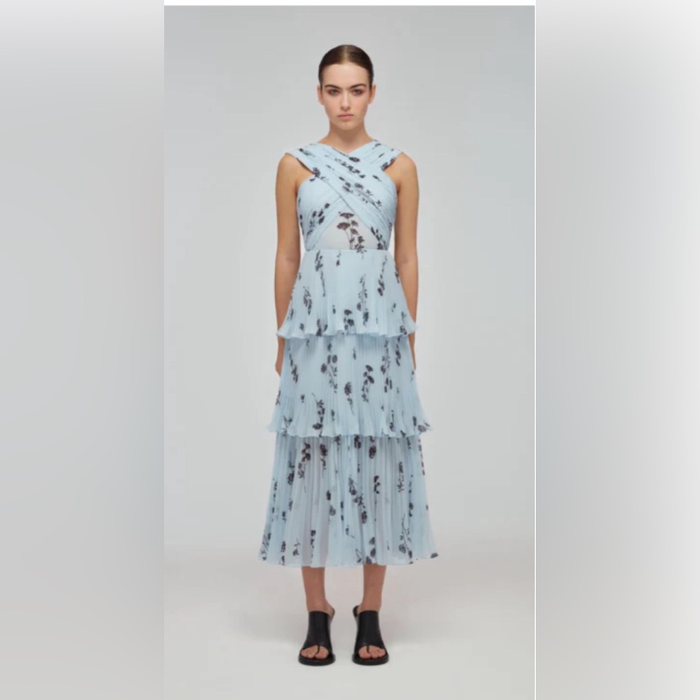 SELF- PORTRAIT BLUE FLORAL SILHOUETTE CHIFFON CROSSOVER MIDI DRESS